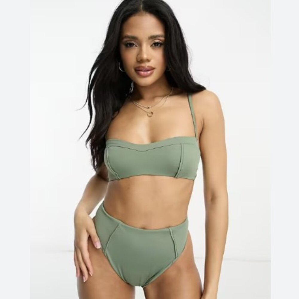 NEW! ASOS DESIGN seam detail high leg high waist bikini bottom in khaki - XL